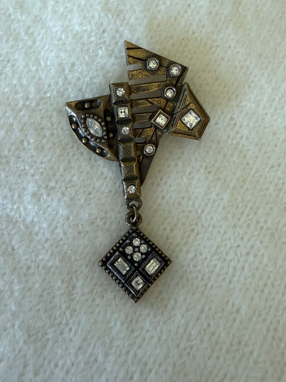 Signed Patricia Locke Antique Gold-Tone Crystal Drop Brooch